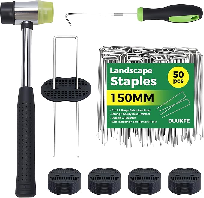 6 Inch Landscape Fabric Staples, 50Pcs Garden Stakes Galvanized +50Pcs Gasket +Pick Hook +Rubber Mallet, U Shaped Weed Barrier Stakes 11 Gauge Lawn Staples Landscape Pins for Yard, Sod, Weed Mat
