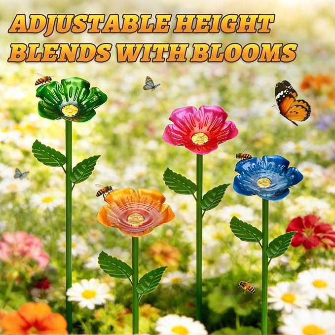 Mellbree Bee Watering Station, 4-Pack Metal Flower Bee Bath for Garden – Attract Butterflies & Pollinators – Colorful Outdoor Garden Stakes for Yard, Patio, Butterfly Garden – Gardening Essentials