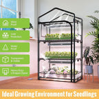 Indoor Greenhouse with Grow Light, 3-Tier Plant Stand with PVC Tent, Ventilation Window, Bottom Pouch, 20W Full Spectrum Grow Light with Timer, for Seed Starting, 27" L x 19" W x 49" H
