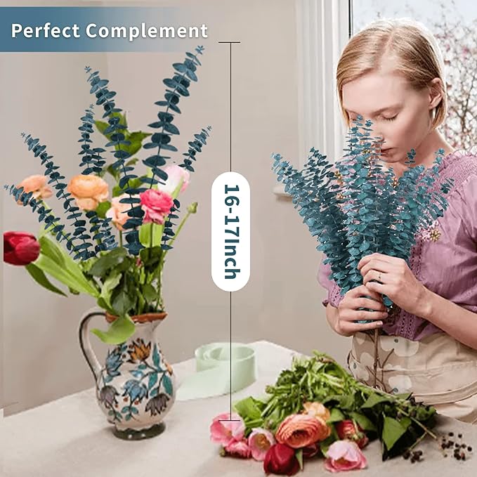 17 Pcs-Blue-Green-Dried-Preserved-Eucalyptus-Stems, 17" Real Hanging Eucalyptus for Shower, Natural Live Eucalyptus Greenery Leaves for Vase Filler, Home SPA, Fragrance, Flower Decor