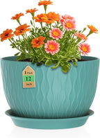 WSMKSZ 12 Inch Large Plant Pots for Indoor or Outdoor Plants, Wide Water Ripples Flower Pots with Drainage Holes & Saucer, Plastic Planters Set for Garden & Home Decor (Blue Green)
