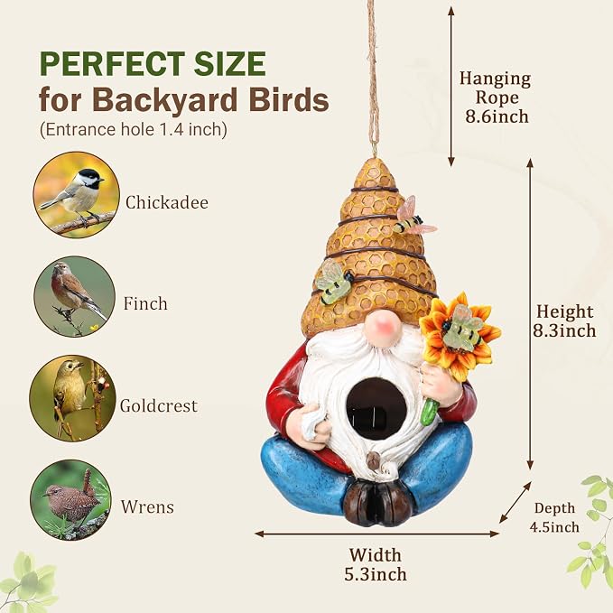 Bird House for Outside, Birdhouses for Outdoors, Decorative Bird Houses, Hanging Funny Bee Solar Gnome Birdhouse for Outside Cardinal Bluebird Wild Birds