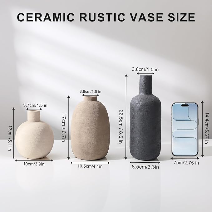 Ceramic Vase Set, Rustic Distressed Large Flower Vases in Pottery Decor, Modern Boho Farmhouse Decor for Pampa Grass, Dried & Fresh Flowers, Decorative Vase for Living Room, Kitchen, Entryway, Black