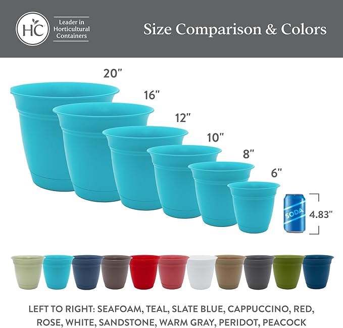 The HC Companies 10 Inch Eclipse Round Planter Pots with Drainage Holes & Attached Saucer, Lightweight UV-Resistant Plastic Indoor & Outdoor Planters, 2-Pack Flower Pots for Garden & Home Decor, Teal
