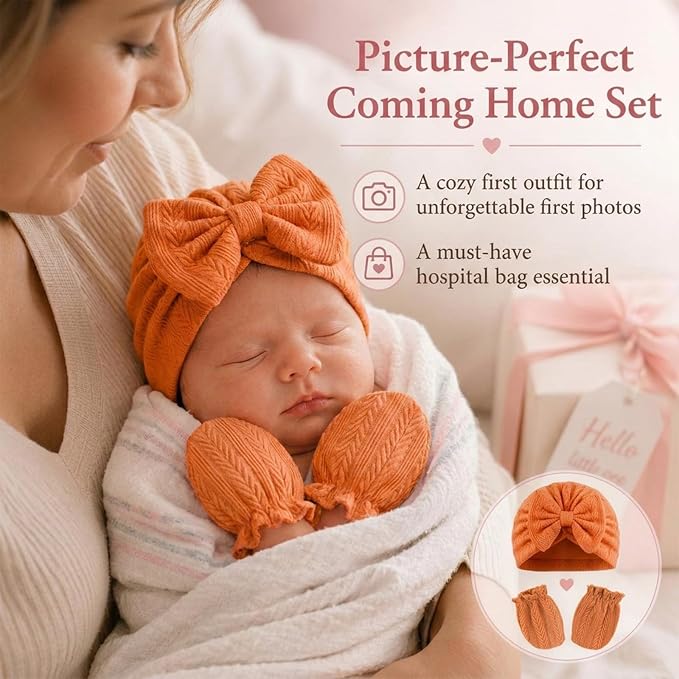 8 Sets Newborn Baby Girl Hats & Mittens, Cotton Preemie Hospital Bow Cap, No Scratch Gloves,Infant Beanies 0-3 Months