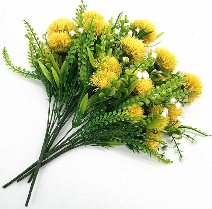 Artificial Dandelion Flowers Fake Plants Plastic Greenery Simulated Faux Flower for Outdoor Indoor Home Decor Garden Bathroom Office Party Wedding Bouquet Vase Planter Filler Decoration Yellow 4 Pack