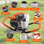 62CC Auger Post Hole Digger, 2 Stroke Gas Powered Earth Post Hole Digger with 3 Auger Drill Bits(4" & 6" & 12") + 2 Extension Rods for Farm Garden Plant, Orange (62cc+3 Auger(4"6"12")+2 Ext)