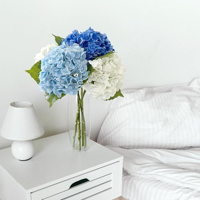 ZYTUYO 4 Pcs Real Touch White/Light Dark Blue Hydrangeas Artificial Flower 21'' Realistic Faux Latex Hydrangeas Flower for Home Decor Kitchen Living Room Spring Table Wedding Xmas Arrangement