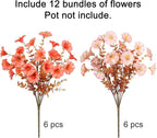 Artificial Mums for Outdoors Fake Fall Flowers Plants for Autumn Decoration, 12 Bundles Silk Morning Glory with Eucalyptus Look Real UV Resistant Faux Mums for Outside Planters Yard Patio Porch, Mix