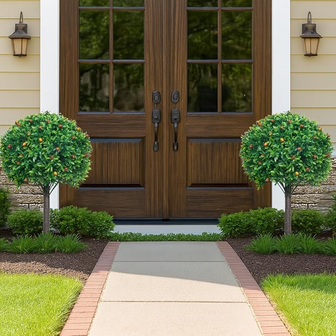 PATIO CHOICE Artificial Topiary Boxwood Ball Trees Set of 2 30" Fake Outdoor Plants Realistic Olive Tree Fake Bushes Lifelike Shrubs Decorations for Outdoor Indoor Front Porch Garden
