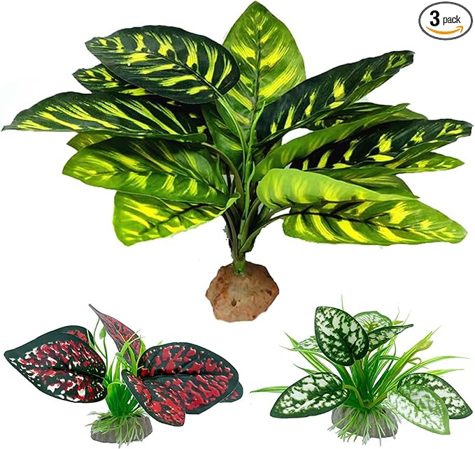 Moonorange Reptile Artificial Plants, Terrarium Plants Decorations Supplies, Aquarium Fish Tank Plant, Amphibian Habitat Hideout Tank Accessories(L Set-3pcs/B)