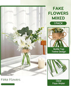 Velener Artificial Flowers with Stems Fake Flowers in Vase with Faux Water, Fake Plants for Home Decor, Office Kitchen Bathroom Farmhouse Living Room Coffee Table Faux Centerpieces for Tables