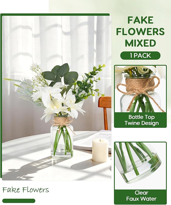 Velener Artificial Flowers with Stems Fake Flowers in Vase with Faux Water, Fake Plants for Home Decor, Office Kitchen Bathroom Farmhouse Living Room Coffee Table Faux Centerpieces for Tables