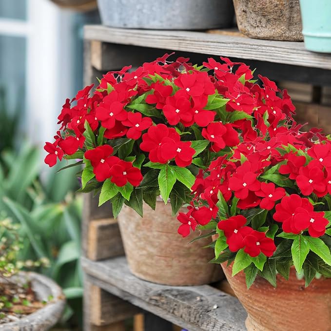 CITYES 4 Pcs Artificial Flowers Outdoor Impatiens UV Resistant Silk Impatiens Flowers Red Faux Flowers Impatiens Bushes Artificial Impatiens for Pot Patio Lawn Garden Hanging Basket Porch Decor