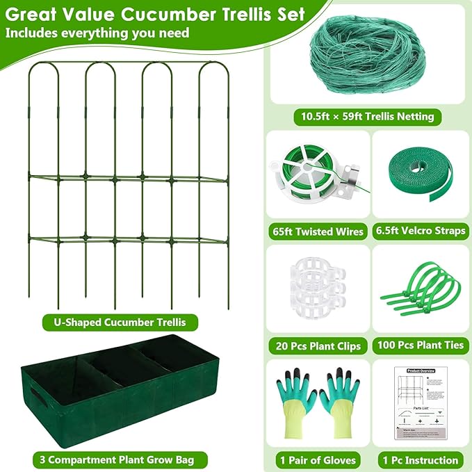 ROADPLUM Cucumber Trellis for Climbing Plants with Grow Bag, 61" Tall Metal U-Frame Garden Trellis for Raised Bed with Garden Netting and Plant Clip Plant Ties for Vegetables, Squash, Pea, Grape