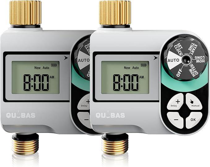 [2 Pack] QUOBAS Digital Water Timer, Programmable Sprinkler Controller, Large LCD Display, Auto/Manual/Delay Modes, for Garden Hose Watering and Drip Irrigation System