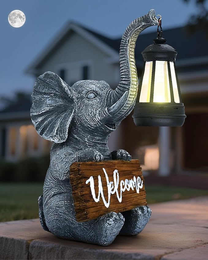 Outdoor Elephant Statues Solar Garden Decor Lights - Elephant Decoration for Garden, Balcony, Patio, Yard, Lawn - Housewarming, Fathers Day, Unique Birthday Gifts for Women Mom Grandma(White)