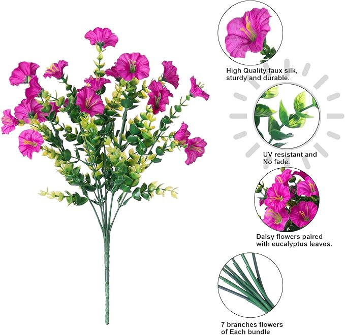 HyeFlora Artificial Flowers for Outdoors Fake Plants Outside Decoration, 12 Bundles Faux Fuchsia Morning Glory UV Resistant Look Real Silk Flowers for Outside Planter Front Door Porch Patio Yard Urn