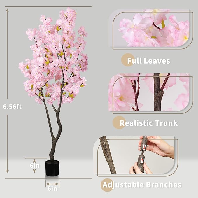 Faux Pink Cherry Blossom Tree 6.5ft(78in) Artificial Pink Silk Flower Tree Lifelike Large Fake Floral Tree for Wedding Realistic Elegant Cherry Sakura Plant in Pot for Home,Living Room,Office