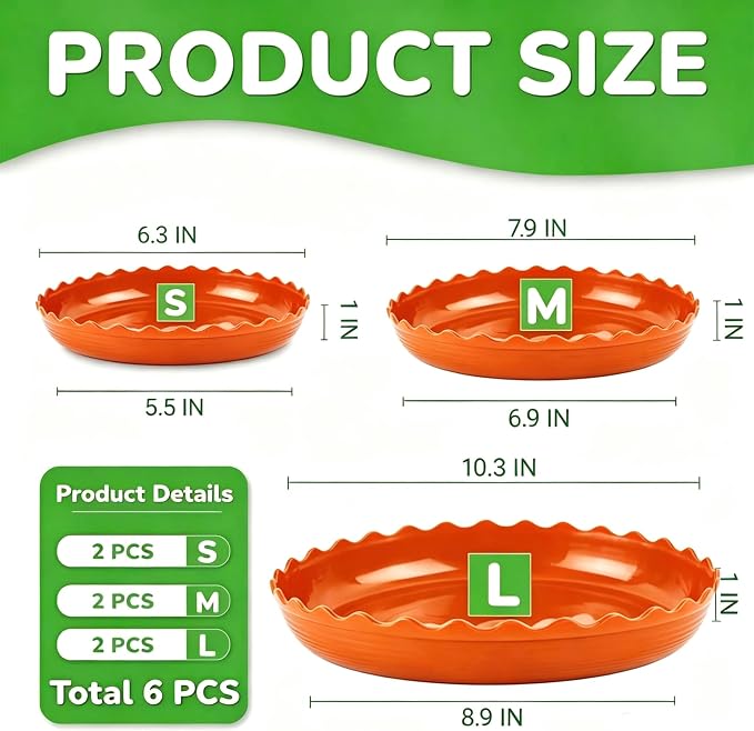 Terracotta Wave Plant Saucer, Red, 6 Packs | Plastic Flower Pot Drip Trays, Durable Heavy Duty, Indoor and Outdoor, 6/8/10 inch