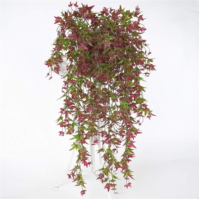 PASYOU Artificial Vine, Hanging Ivy Sweet Potato Leaves Plastic Plants Foliage Vines, UV Resistant Greenery Fake Flowers for Indoor Outdoor Garden Door Wall Wedding Party Table Decoration Red 2 Pack