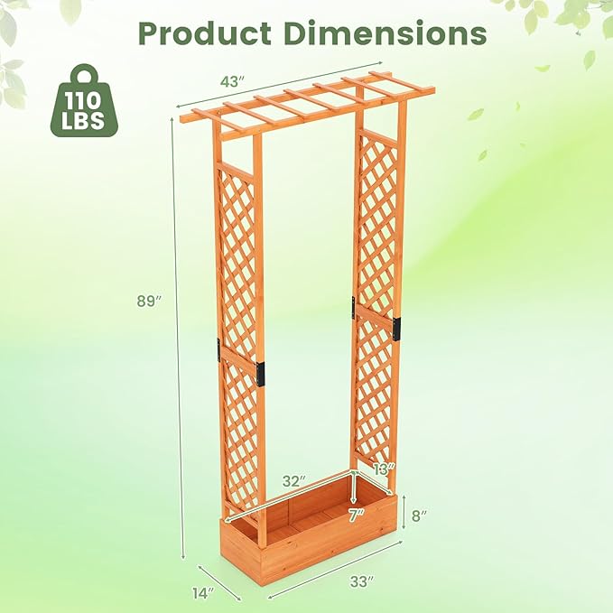 BECOMFORT Raised Garden Bed with Trellis & Hanging Roof, 89" Tall Fir Wood Planter Box with Drainage Holes, Outdoor Elevated Garden Planter for Climbing Vines, Perfect for Patio, Lawn & Backyard