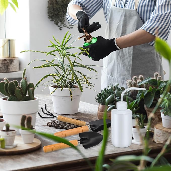 Set of 7 6.3'' Vintage Glass Plant Mister Modern 1.2l Long Spout Watering Can Squeeze Bottle Soil Moisture Meter 3 Pcs Hand Planting Tools for Indoor Outdoor Gardening Potted Flower, Green