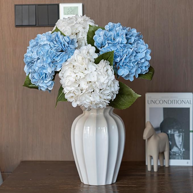 DUYONE 4PCS Artificial Flowers Large Hydrangeas Flowers Latex Bouquet for Wedding Bridal Office Home Party Decoration (2Pcs White+2Pcs Blue)