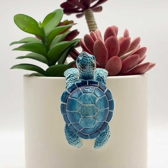 Cute Climbing Blue Sea Turtle Flower Pot Hugger Figurines, Small Resin Hanging Tortoise Statue Planter Pot Decoration for Home Garden Fence Balcony Patio Lawn Yard Ornaments