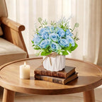 Artificial Flowers Fake Roses with Small Ceramic Vase - Desktop Decoration for Dining Tables, Living Rooms, Bedrooms, Offices for Weddings, Birthdays, Home Decor (Blue)