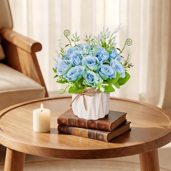 Artificial Flowers Fake Roses with Small Ceramic Vase - Desktop Decoration for Dining Tables, Living Rooms, Bedrooms, Offices for Weddings, Birthdays, Home Decor (Blue)