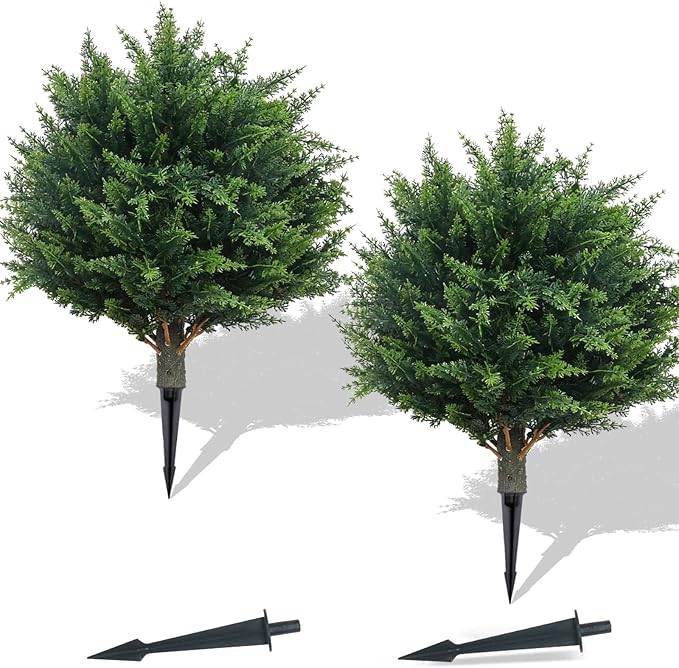 PATIO CHOICE Topiary Trees Artificial Outdoor Cedar Ball Trees with Ground Spike Set of 2 22" Fake Outdoor Plants Faux Bushes and Shrubs Decorations for Outdoor Indoor Front Porch Garden
