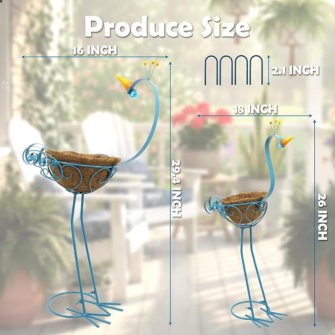 J-Fly Peacock Metal Plant Stand 2 Sets Flower Pots Holders, Planters for Outdoor Indoor Plants with Coconut Pots, Front Porch Garden Balcony Patio Decor for Plant, Valentine Decoration Gifts