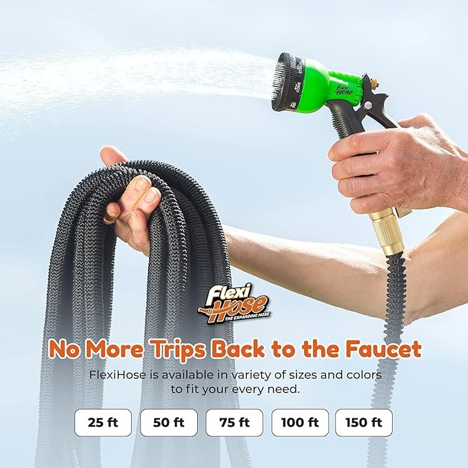 Flexi Hose Expandable Garden Hose with 8 Function Nozzle, 100FT - Lightweight Retractable Garden Hose, Water Hose - No-Kink Flexibility, 3/4 Inch Solid Brass Fittings and Double Latex Core