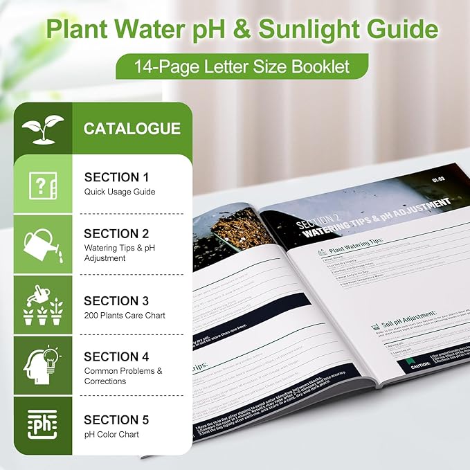 Soil Moisture Meter for Plants – Includes 200+ Houseplants Guide (Letter Size), 25 pH Test Strips & Sample Tube. Water Gauge for Indoor & Outdoor Plants.