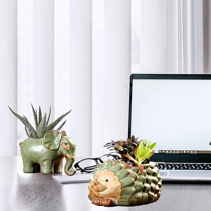 DIYOMR Small Ceramic Planter Pot, 4.3" Vintage Bronze Animal Planters Ceramic Flowerpot Succulent Pots Cactus Pot for Office Home Desktop Decor - Plants Not Included (Elephant Pot)