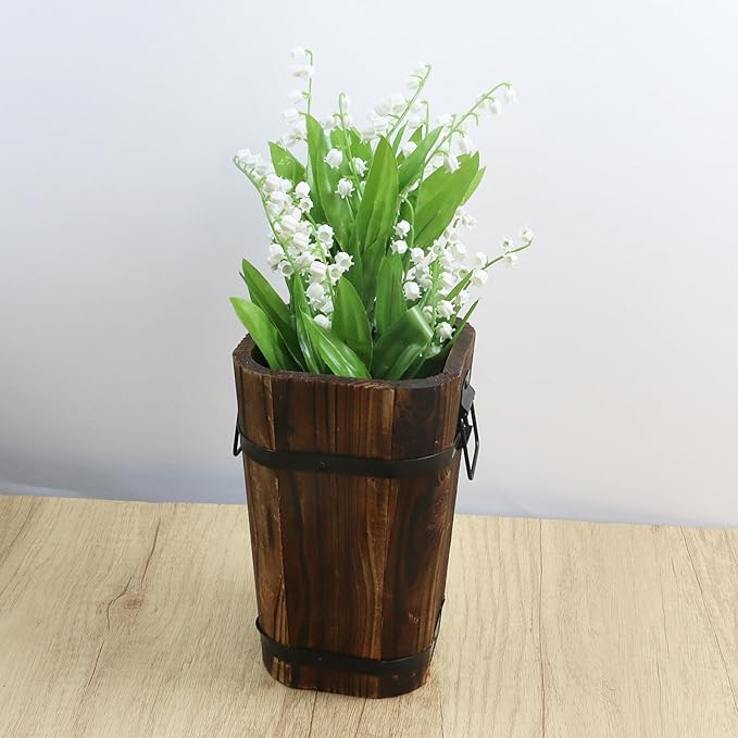 MY MIRONEY Plant Pots, Vintage Wooden Barrel Planter - Solid Rustic Garden Flower Pot with Metal Handles & Frame for Indoor Planter, Office Home Decor, Garden Home Plants, 5.2" x 8.27"