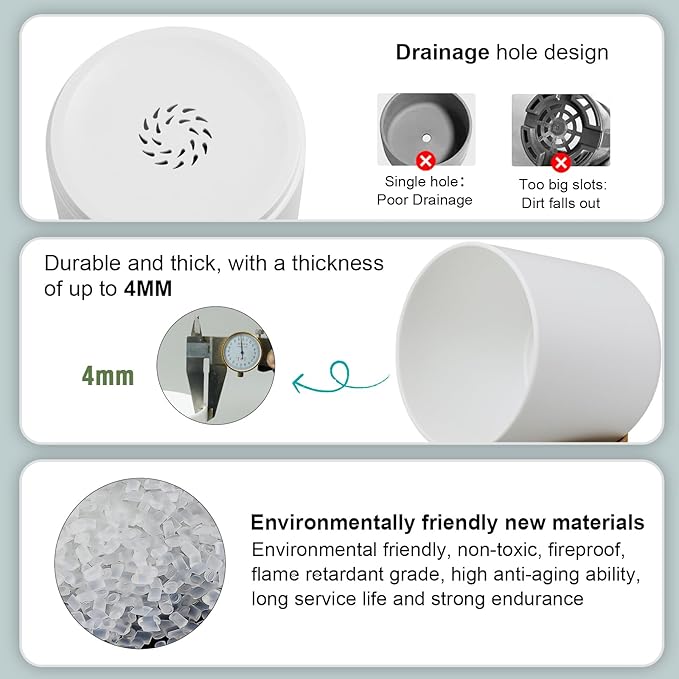 WSMKSZ 3 Pack 6/5/4 inch Cylindrical Flower Pots, Modern Small Round Plastic Plant Pots with Drainage Holes & Saucers, Clean and Refined Planter Pots for Outdoor, Indoor & Office Decor (White Brown)
