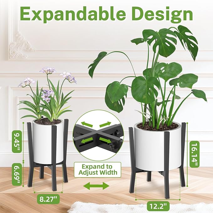 iDavosic.ly Adjustable Plant Pot Stand 2 Pack Indoor Outdoor, Metal Short Single Flower Holder Fits 8 to 12 Inch Large Heavy Duty Planter (Not Included) | Modern Black