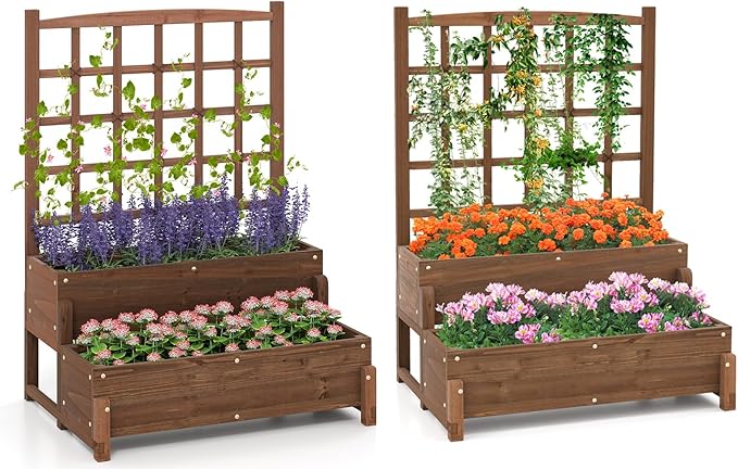 Byroce Outdoor Raised Garden Bed, Garden Planter Box with Lattice Trellis, Legs & Drainage Hole, 2-Tier Standing Elevated Planter for Flower, Fruit, Vegetable & Climbing Plants in Patio, Balcony (2)