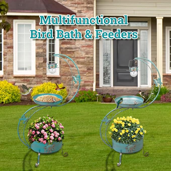DREAMSOUL Bird Bath with Flower Planter Pedestal, 36" Bird Baths for Outdoors with Solar Lighting Lamp, Vintage Birdbath for Garden Yard Patio Lawn Decor