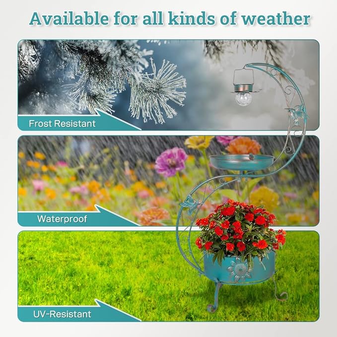 DREAMSOUL Bird Bath with Flower Planter Pedestal, 36" Bird Baths for Outdoors with Solar Lighting Lamp, Vintage Birdbath for Garden Yard Patio Lawn Decor