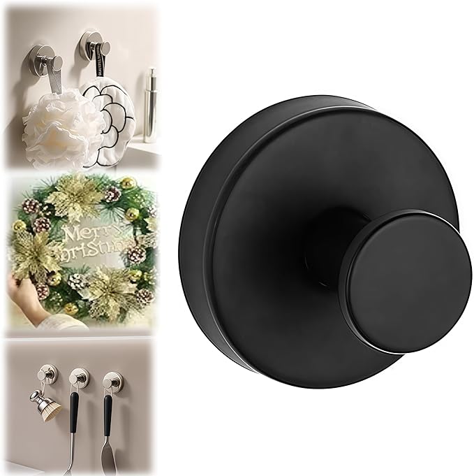 Suction Cup Hooks for Wreaths on Glass, Suction Cup Hooks for Inside Shower, Wreath Hangers for Front Doors, Metal Towel Hooks for Showers Bathrooms Mirrors (1, Black)