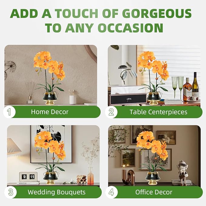 CXGS Orchids Artificial Flowers Realistic Fake Flowers in Ceramic Vase 20" Orange Faux Plants Indoor Lifelike Soft PU Phalaenopsis for Centerpiece Hotel Home Decor
