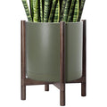 D'vine Dev Planter Pot with Stand - 16 Inch Plastic Cylinder Flower Pot with Wood Planter Holder for Indoor, Olive Pot + Walnut Color Stand, 55-C-X-3