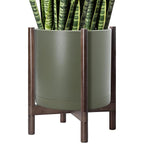 D'vine Dev Planter Pot with Stand - 16 Inch Plastic Cylinder Flower Pot with Wood Planter Holder for Indoor, Olive Pot + Walnut Color Stand, 55-C-X-3