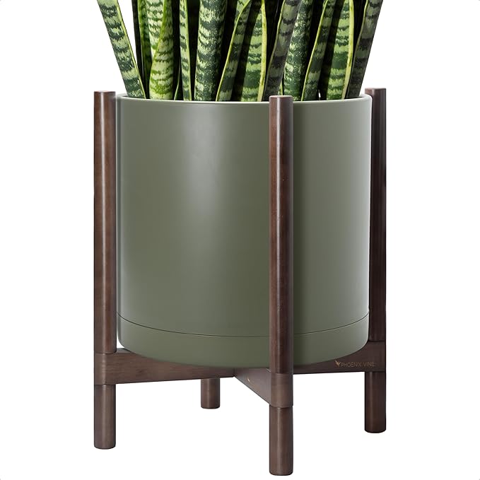 D'vine Dev Planter Pot with Stand - 16 Inch Plastic Cylinder Flower Pot with Wood Planter Holder for Indoor, Olive Pot + Walnut Color Stand, 55-C-X-3