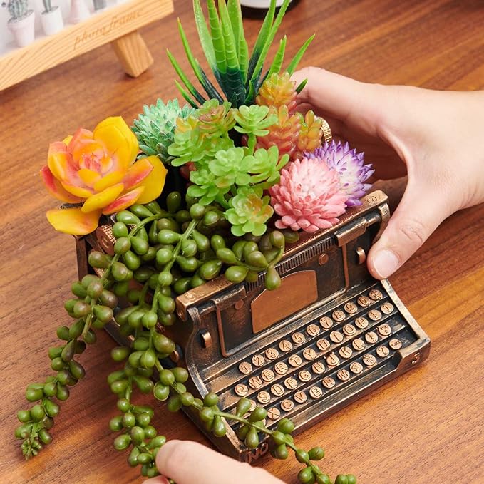 Typewriter Decorative Planter Plant Gift - Desk Decor Succulent Pot for Indoor Plants Typewriter Home Shelf Office Decor Small Flower Pot with Drainage