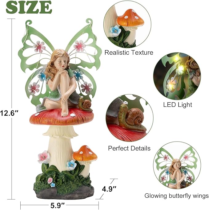 twinbling Solar Fairy Garden Decor Flower Fairies Mushroom Figurines with Snail Decor Gifts for Women Mom Miniature Fairy Figurine for Lawn Garden Patio Yard Decorations Outdoor Statue