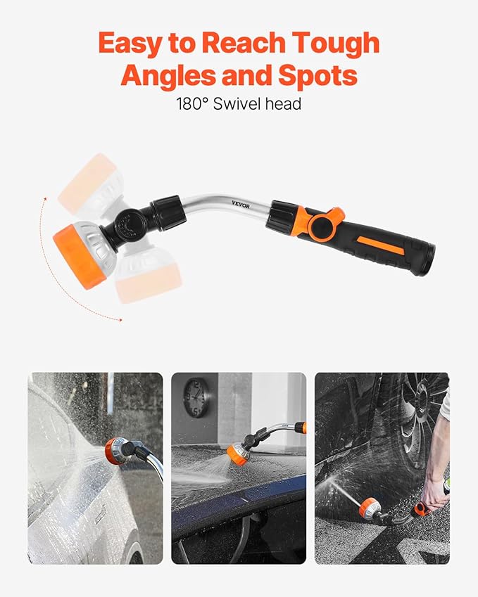 VEVOR Irrigation Stick, 15-Inch Robust Yard Hose Stick with 8 Spraying Modes & 180° Pivoting Head, Extended Hose Spray Apparatus with Thumb Operated On/Off